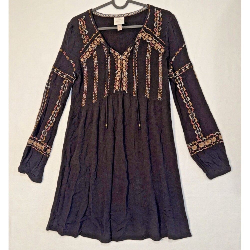 Knox Rose Lightweight Long Sleeve Dress Sz S w/Tie Embroidered Boho Indie Hippie